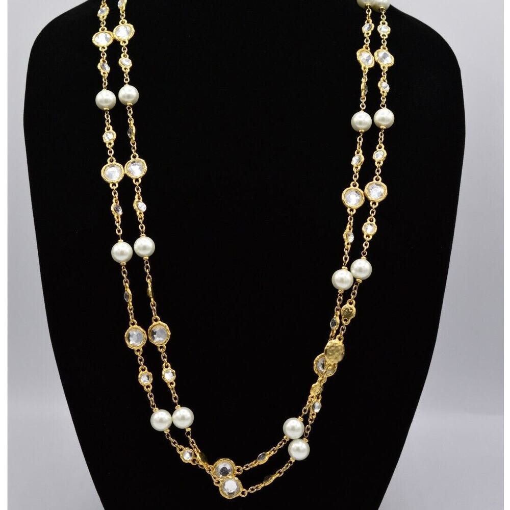 Vintage Crystal Necklace Open Bezel Heavy Brushed Gold Pearl Rhinestone 80s BinG